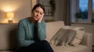 AsyaKBB - Ana Sayfa 28 Akşam salonda oturan ve elini kulağına bastıran kadın.