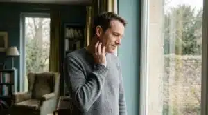 AsyaKBB - Ana Sayfa 26 Pencere kenarında duran adam, çenesinin altına parmaklarını koyarak yutkunuyor.