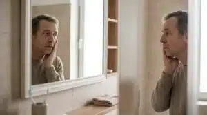 AsyaKBB - Ana Sayfa 30 Banyoda aynaya bakan ve elini yanağına koymuş orta yaşlı adam.
