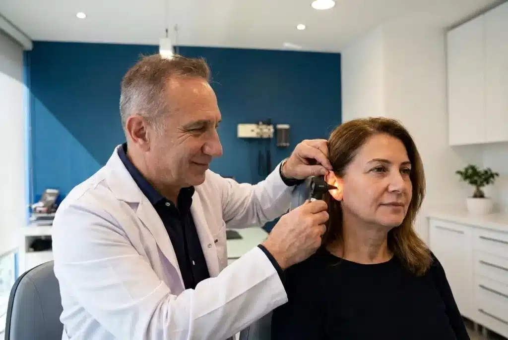 Op. Dr. Fuat Güder, Asya KBB kliniğinde hastanın kulağını otoskopla muayene ediyor