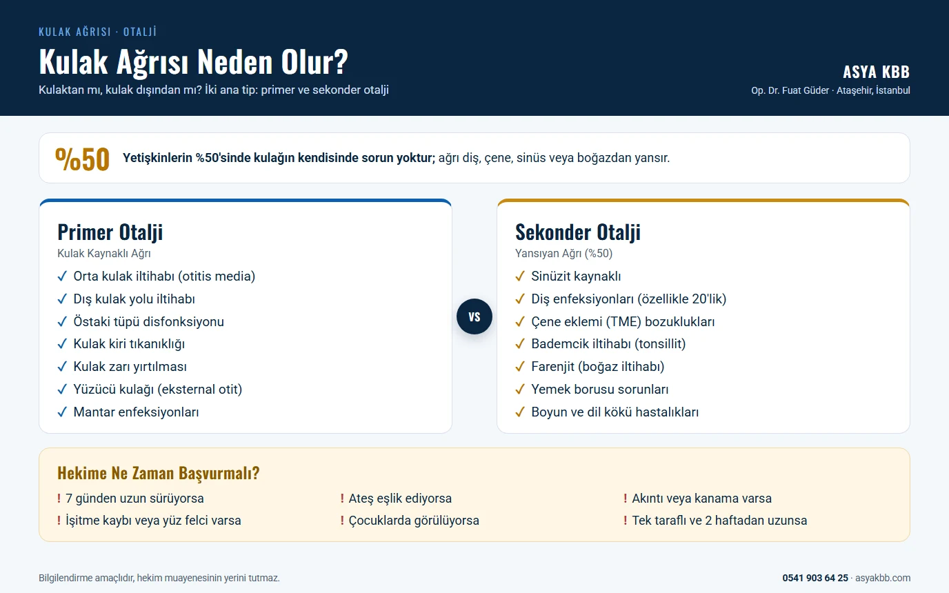 Kulak Ağrısı 7 Kulak ağrısı neden olur: primer otalji (kulak kaynaklı: orta kulak iltihabı, dış kulak yolu iltihabı, östaki tüpü, kulak kiri, kulak zarı, yüzücü kulağı, mantar) ve sekonder otalji (yansıyan ağrı: sinüzit, diş, çene eklemi, bademcik, farenjit, yemek borusu, boyun ve dil kökü); yetişkinlerin %50'sinde ağrı kulak dışından yansır ve hekime ne zaman başvurulacağı (infografik)