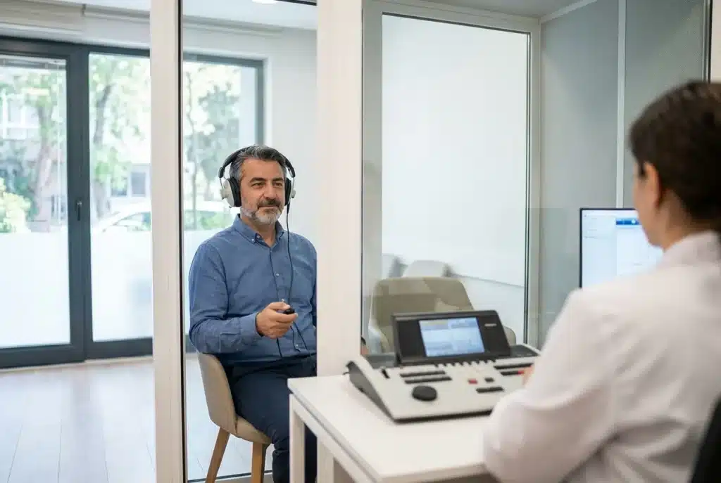 Kulak Çınlama Tedavisi 2 Klinikte kulaklık takarak işitme testi (odyometri) yaptıran hasta