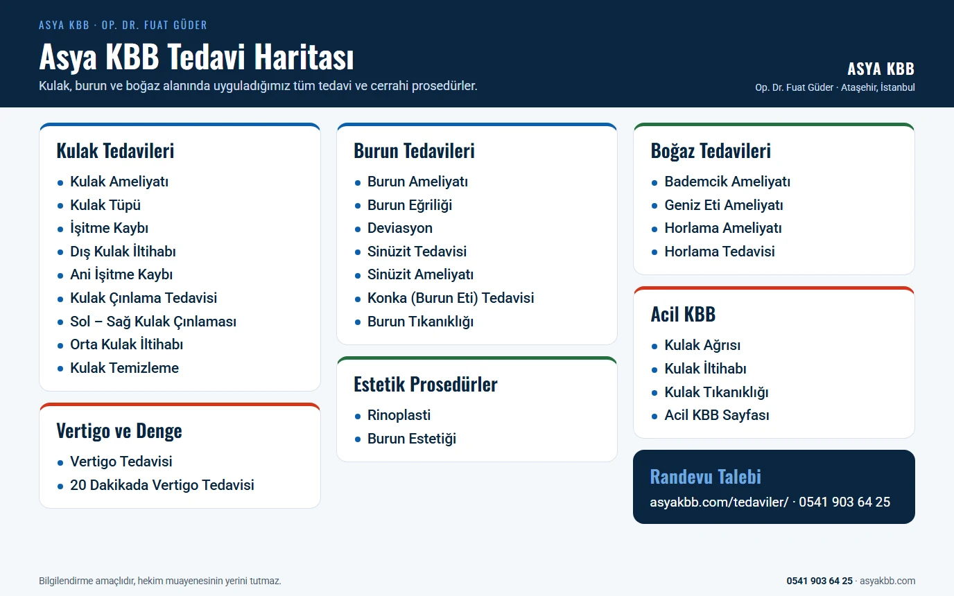 Tedaviler 8 Asya KBB tedavi haritası: kulak tedavileri (kulak ameliyatı, kulak tüpü, işitme kaybı, dış kulak iltihabı, ani işitme kaybı, kulak çınlama tedavisi, sol-sağ kulak çınlaması, orta kulak iltihabı, kulak temizleme), burun tedavileri (burun ameliyatı, burun eğriliği, deviasyon, sinüzit tedavisi ve ameliyatı, konka, burun tıkanıklığı), boğaz tedavileri (bademcik, geniz eti, horlama), estetik prosedürler (rinoplasti, burun estetiği), vertigo ve denge, acil KBB (infografik)