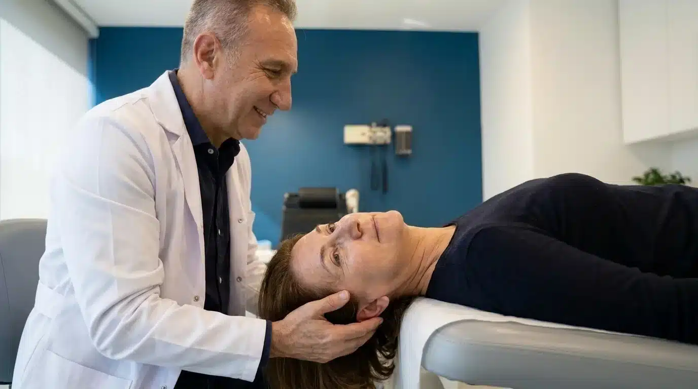 Vertigo Manevrası Nasıl Yapılır? 1 Op. Dr. Fuat Güder, vertigo manevrası sırasında sırt üstü yatan hastanın başını 45 derece çevirip destekliyor